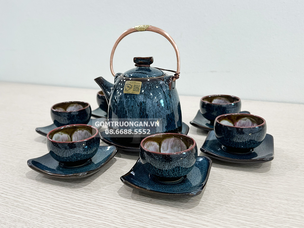 Bộ ấm chén men hỏa biến xanh lòng chén hoa dáng siêu 2
